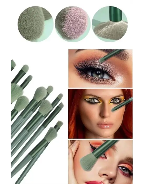Makyaj Fırça Seti Yeşil 13 Parça Fondöten Fırçası Allık Fırçası Far Fırçası