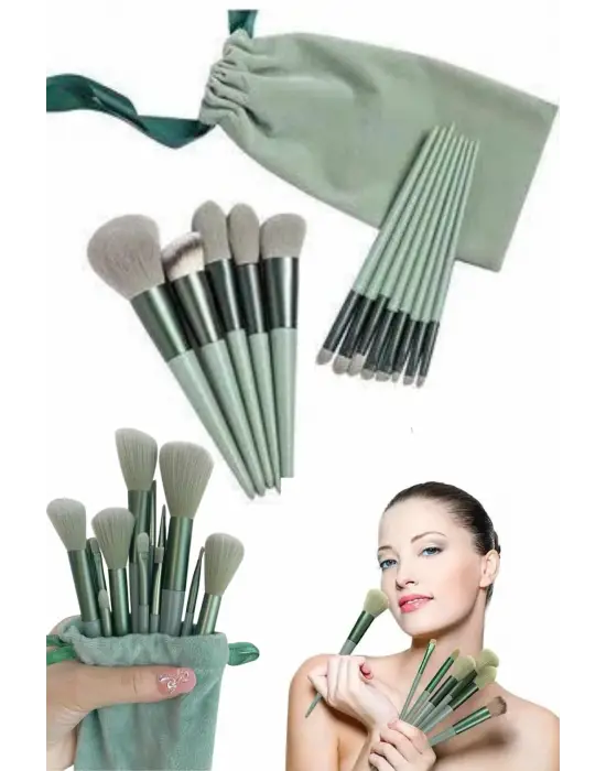 Makyaj Fırça Seti Yeşil 13 Parça Fondöten Fırçası Allık Fırçası Far Fırçası
