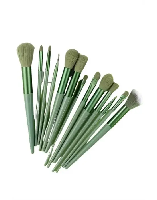 Makyaj Fırça Seti Yeşil 13 Parça Fondöten Fırçası Allık Fırçası Far Fırçası