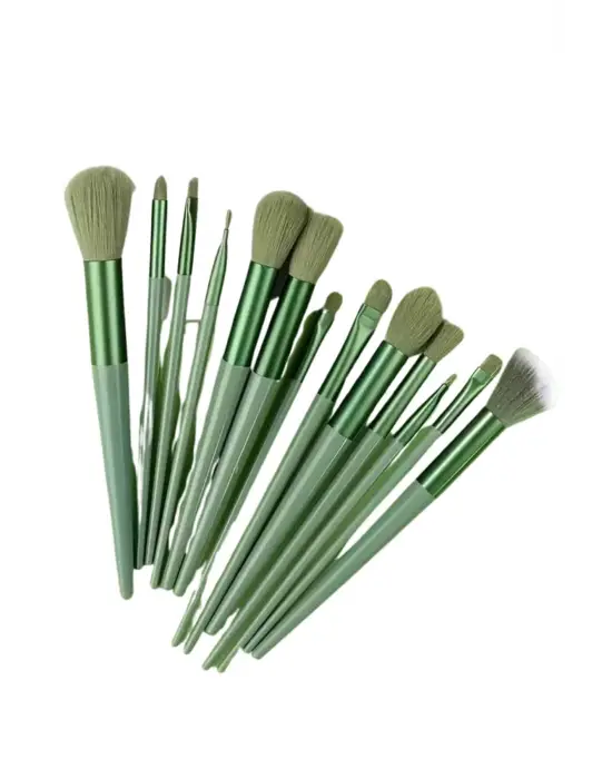 Makyaj Fırça Seti Yeşil 13 Parça Fondöten Fırçası Allık Fırçası Far Fırçası