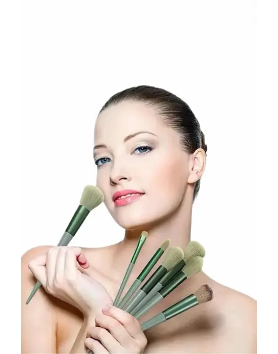 Makyaj Fırça Seti Yeşil 13 Parça Fondöten Fırçası Allık Fırçası Far Fırçası