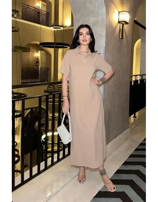 Omarı Zarif Polo Yaka Elbise with Yırtmaç Detail