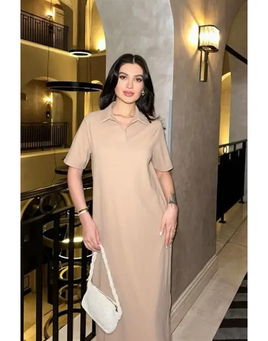 Omarı Zarif Polo Yaka Elbise with Yırtmaç Detail