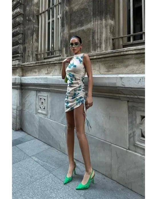 Marilyn Desenli Büzgülü Elbise 2514-13