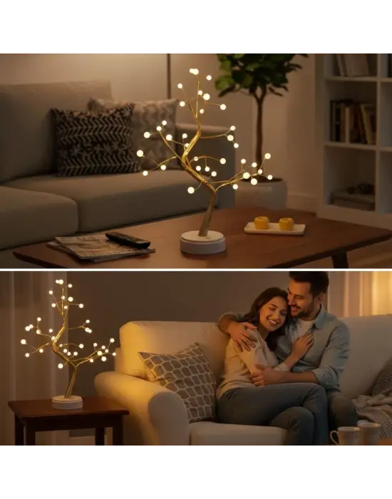Masaüstü Boncuklu Şarjlı Ağaç Lamba – 3 Kademeli Dokunmatik Işık, Dekoratif LED Masaüstü Ortam Aydınlatması
