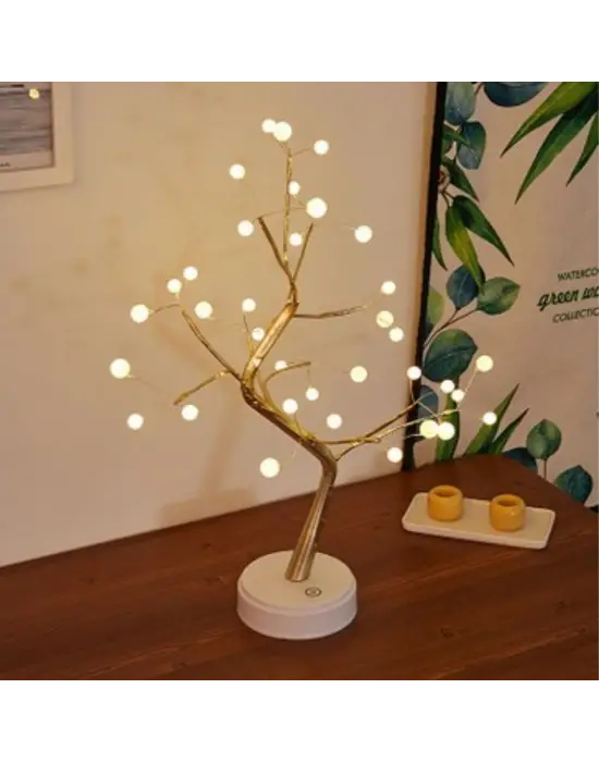 Masaüstü Boncuklu Şarjlı Ağaç Lamba – 3 Kademeli Dokunmatik Işık, Dekoratif LED Masaüstü Ortam Aydınlatması