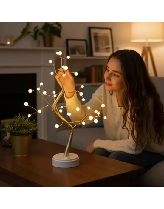 Masaüstü Boncuklu Şarjlı Ağaç Lamba – 3 Kademeli Dokunmatik Işık, Dekoratif LED Masaüstü Ortam Aydınlatması
