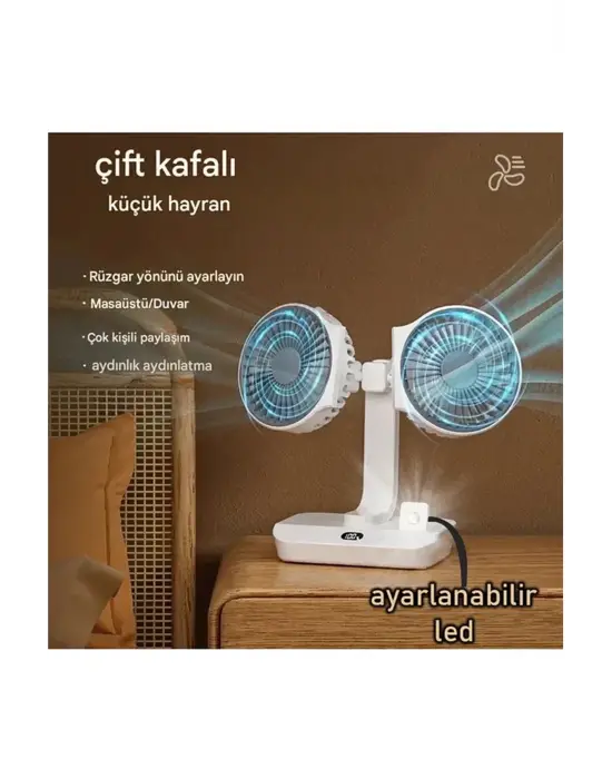 Masaüstü Dijital Ekranlı Çift Fanlı Led Işıklı Soğutucu Fan Ev Ofis Şarjlı Vantilatör