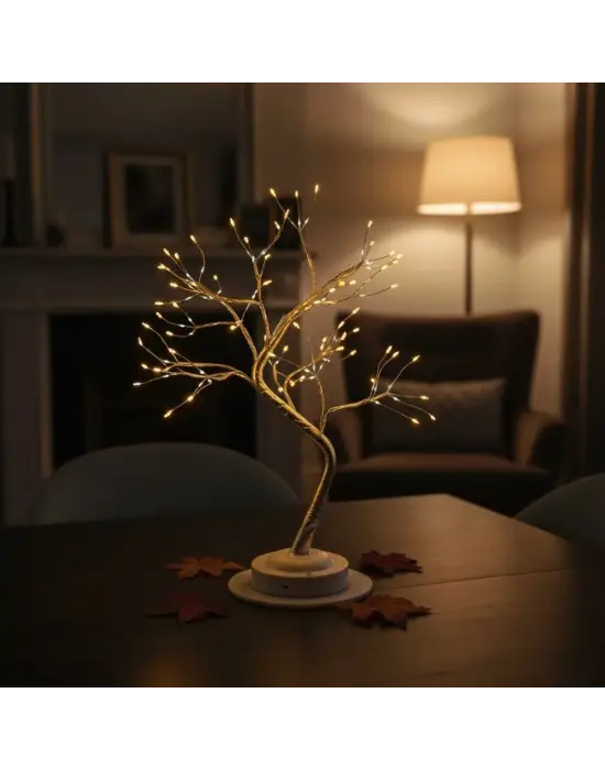 Masaüstü Peri Ağaç LED Lamba – Gün Işığı Rengi, 3 Kademeli Işık Ayarlı, Şarjlı Dekoratif Ortam Aydınlatması