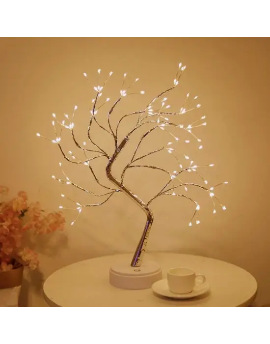 Masaüstü Peri Ağaç LED Lamba – Gün Işığı Rengi, 3 Kademeli Işık Ayarlı, Şarjlı Dekoratif Ortam Aydınlatması