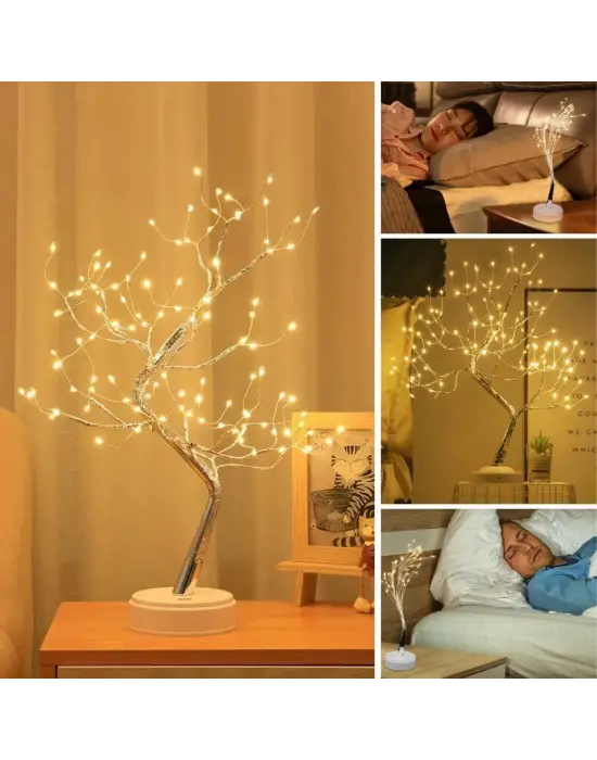 Masaüstü Peri Ağaç LED Lamba – Gün Işığı Rengi, 3 Kademeli Işık Ayarlı, Şarjlı Dekoratif Ortam Aydınlatması