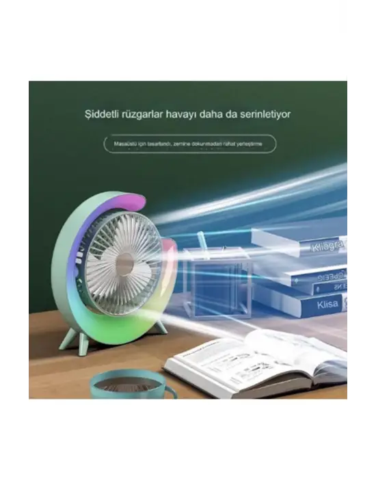 Masaüstü Vantilatör Usb Şarjlı Rgb Led Işıklı 3 Kademeli 180° Ayarlanabilir Soğutucu Fan Mavi