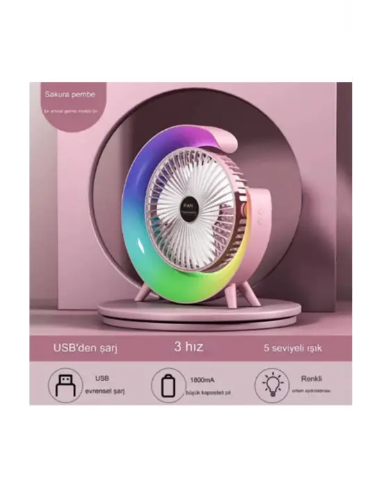 Masaüstü Vantilatör Usb Şarjlı Rgb Led Işıklı 3 Kademeli 180° Ayarlanabilir Soğutucu Fan Pembe
