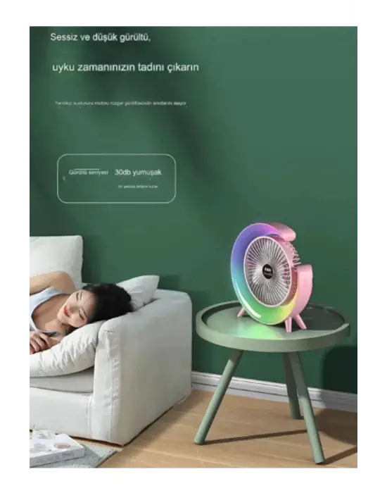 Masaüstü Vantilatör Usb Şarjlı Rgb Led Işıklı 3 Kademeli 180° Ayarlanabilir Soğutucu Fan Pembe