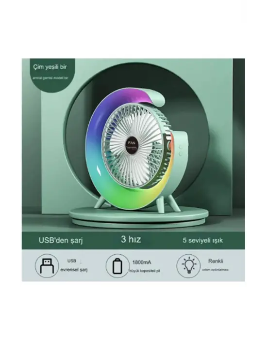 Masaüstü Vantilatör Usb Şarjlı Rgb Led Işıklı 3 Kademeli 180° Ayarlanabilir Soğutucu Fan Yeşil