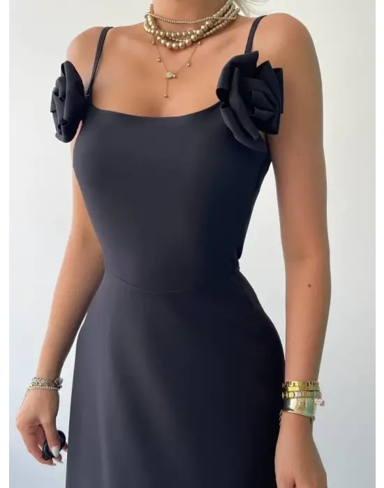 Omarı Gül Desenli İp Askılı Elbise