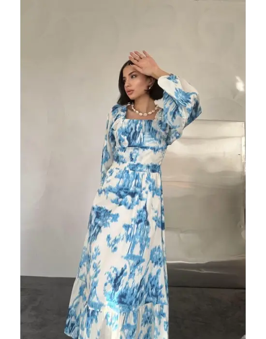 Omarı Mavi Uzun Elbise Gipeli Arkası Işıltılı