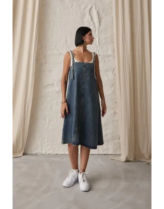 Omarı Askı Aparatlı Kot Elbise - Mavi Stil