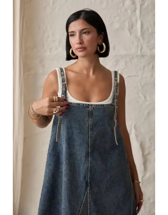 Omarı Askı Aparatlı Kot Elbise - Mavi Stil