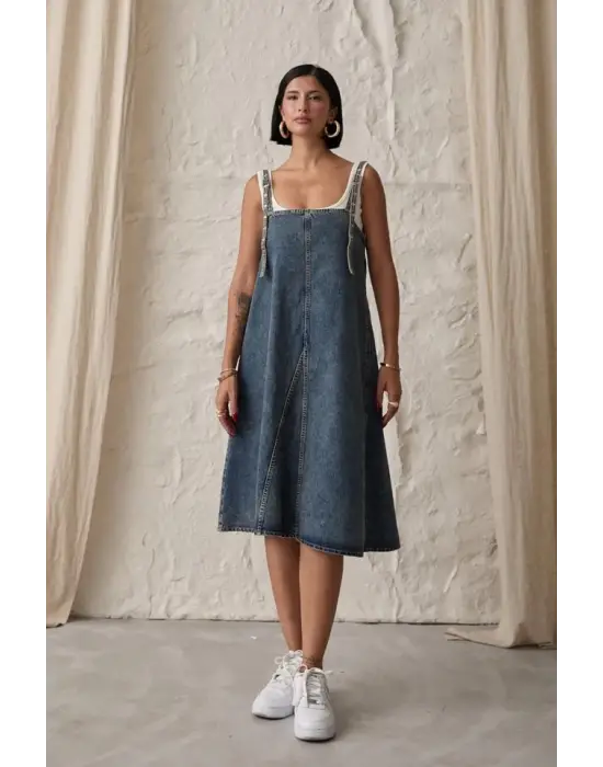 Omarı Askı Aparatlı Kot Elbise - Mavi Stil