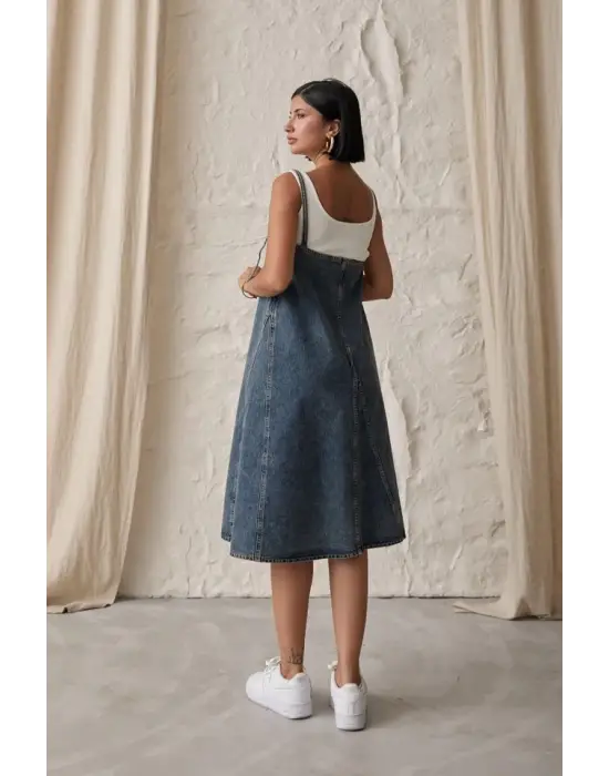 Omarı Askı Aparatlı Kot Elbise - Mavi Stil