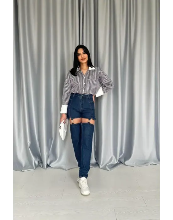 Mavi Askılı İki Parça Jeans Pantolon