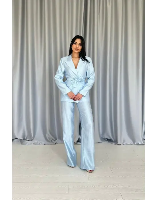 Omarı Parlak Mavi Beli Kuşaklı Takım