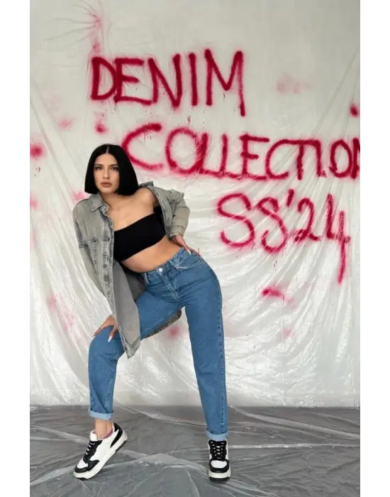 Omarı Mavi Boru Paça Jeans Pantolon - Şıklığı ve Rahatlığı Bir Arada Sunar