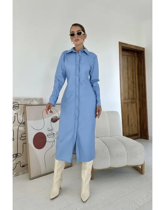 Omarı Deri Elbise Mavi Renkli Boydan Düğmeli