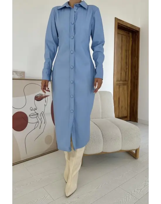 Omarı Deri Elbise Mavi Renkli Boydan Düğmeli