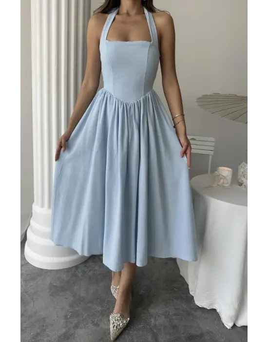 Mavi Boyundan Bağlamalı Keten Elbise