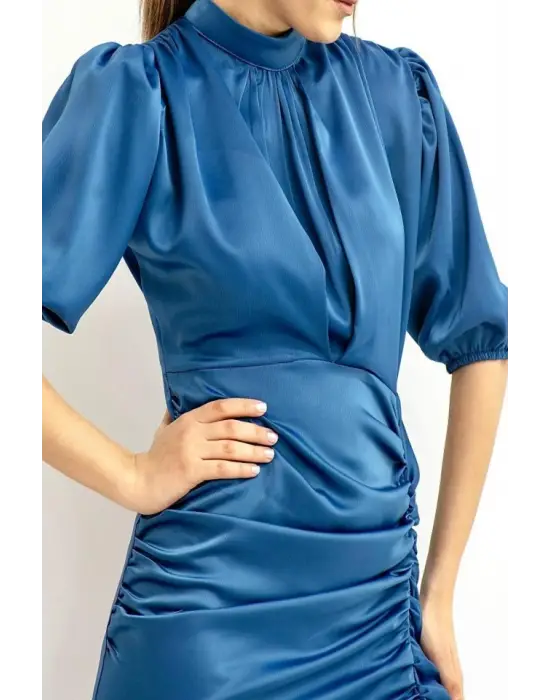 Mavi Büzgülü Saten Elbise