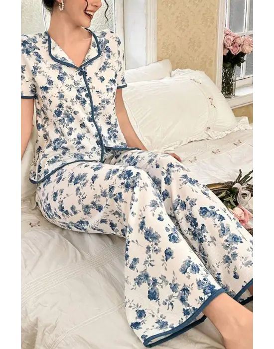 Mavi Çiçekli Düğme Detaylı Yazlık Pijama Takımı 7347