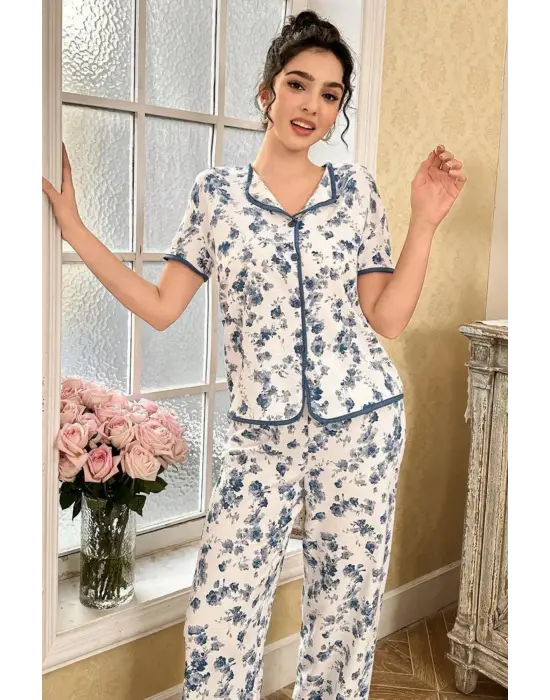 Mavi Çiçekli Düğme Detaylı Yazlık Pijama Takımı 7347