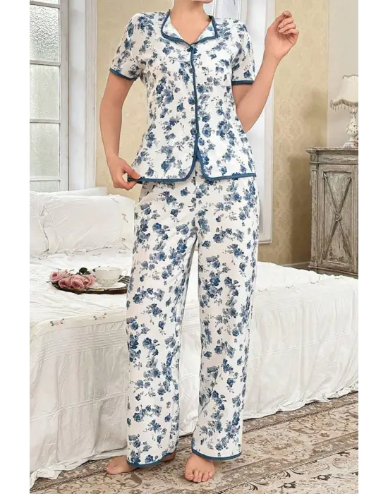 Mavi Çiçekli Düğme Detaylı Yazlık Pijama Takımı 7347