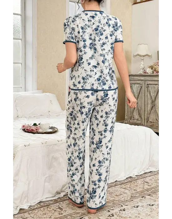 Mavi Çiçekli Düğme Detaylı Yazlık Pijama Takımı 7347