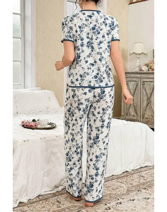 Mavi Çiçekli Düğme Detaylı Yazlık Pijama Takımı 7347