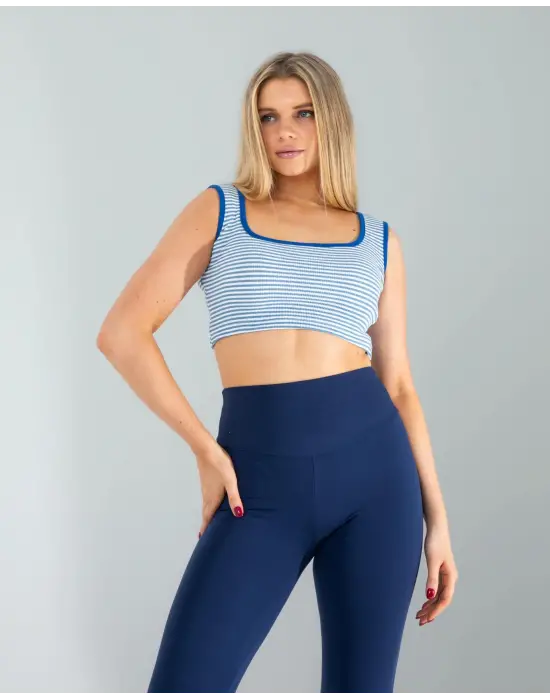 Omarı Şık Mavi Çizgili Crop Üst