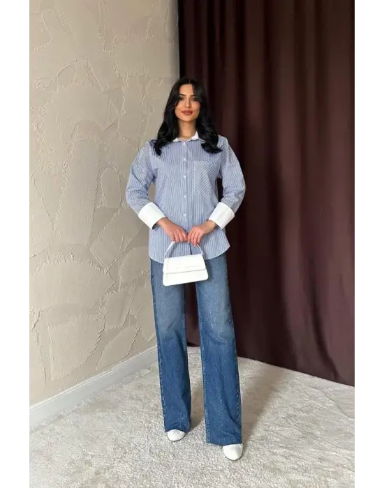 Omarı Mavi Çizgili Uzun Kol Gömlek