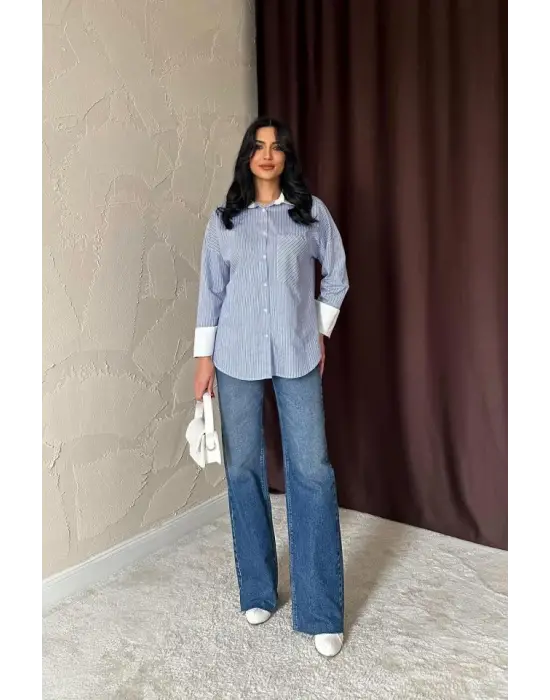 Mavi Çizgili Poplin Uzun Kol Gömlek