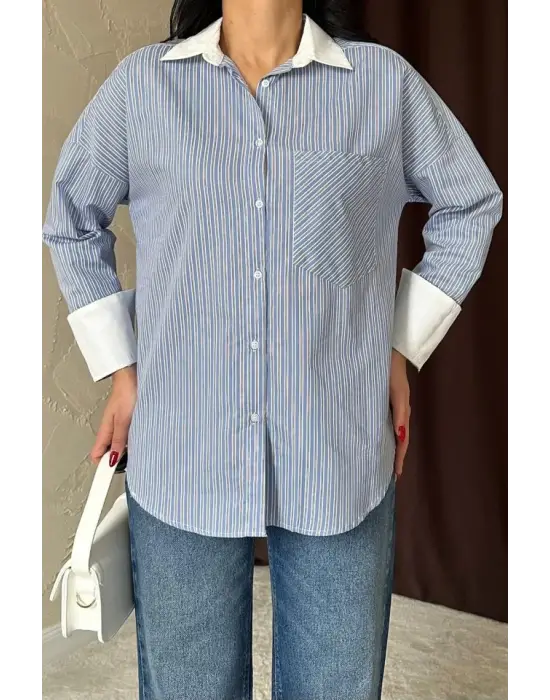 Omarı Mavi Çizgili Uzun Kol Gömlek