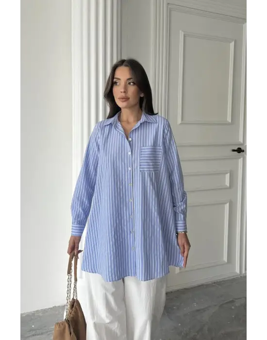 Mavi Çizgili Uzun Gömlek