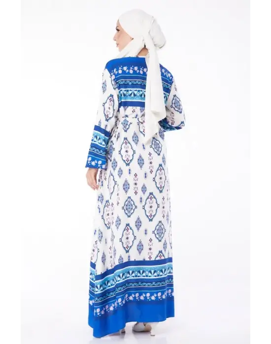 Omarı Mavi Etnik Desenli Elbise