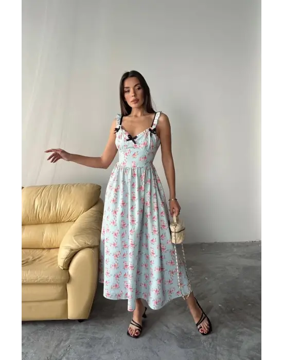 Omarı Bebe Mavi Fiyonklu Çiçekli Elbise Aksesuarı