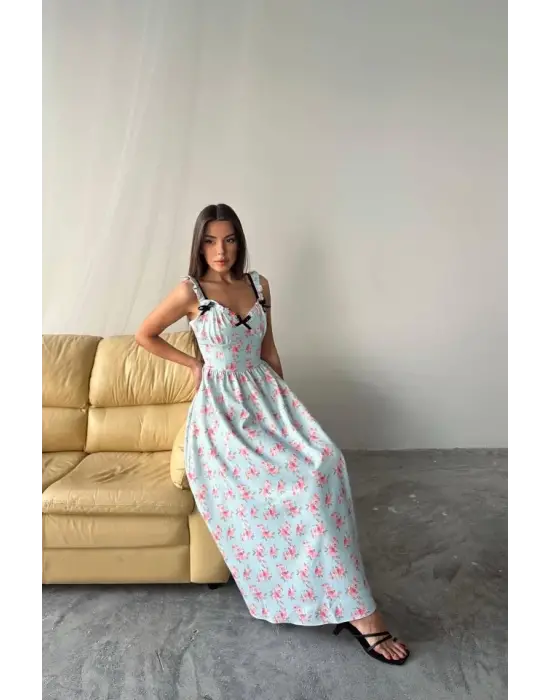 Omarı Bebe Mavi Fiyonklu Çiçekli Elbise Aksesuarı