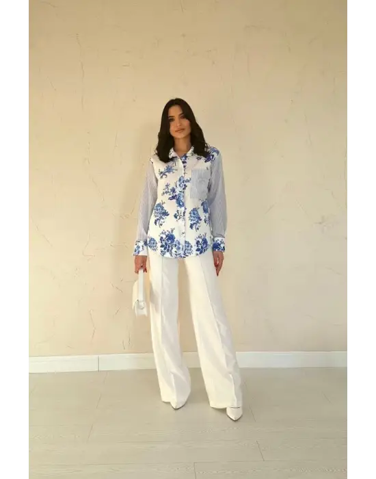 Omarı Mavi Garnili Elegan Gömlek