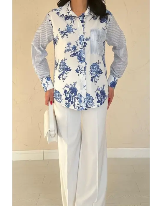 Omarı Mavi Garnili Elegan Gömlek