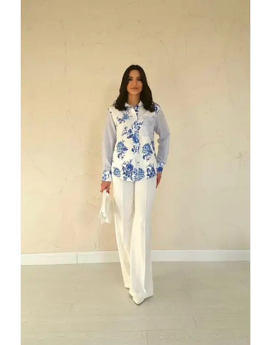 Omarı Mavi Garnili Elegan Gömlek