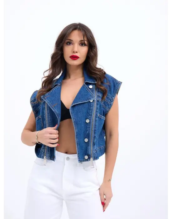 Omarı Kadın Kot Yeleği - Şık Mavi Renk