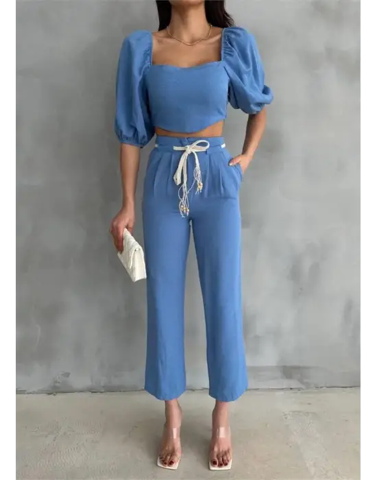 Omarı Mavi Keten Crop Karpuz Kol Kıyafet Seti